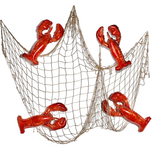 Silipull 5 Pcs Sea Animal Balloons Decorative Fishing Net Set Foil Balloons Ocean Nautical Themed Party Decorations for Under the Sea Pirate Birthday Party Decorations (Crawfish Rustic)