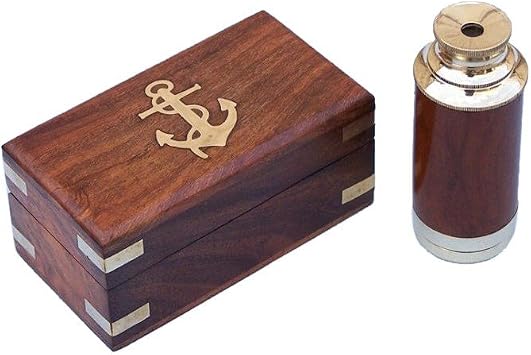 Hampton Nautical Scouts Brass/Wood Spyglass Telescope with Rosewood Box, 7", Brass