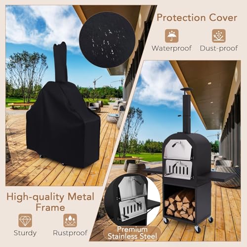 HAPPYGRILL Outdoor Wood Fired Pizza Oven w/Firewood Storage, Side Shelves, Patio Pizza Maker wi/Pizza Stone & Peel, 2 Cooking Grills & Thermometer, Portable Pizza Stove for Backyard Party Camping - Thumbnail 7