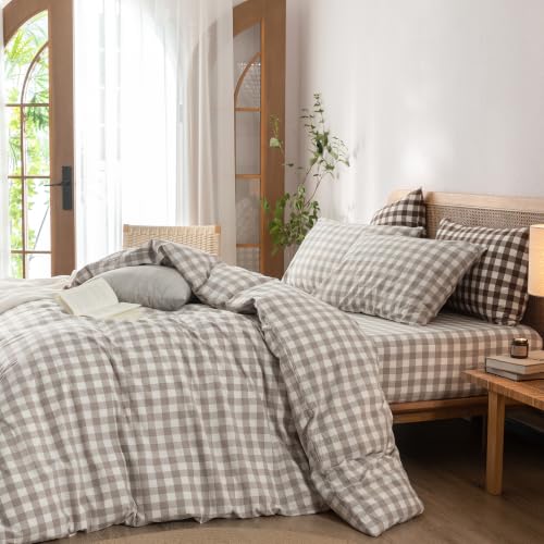Image of BESTOUCH Gingham Cotton Duvet Cover Set Linen Grey Queen | Washed Cotton, Linen Feel, Soft Wrinkle Texture, Hidden Zipper, 8 Ties, Breathable Lightweight Durable Comfy, 3 Pcs No Insert
