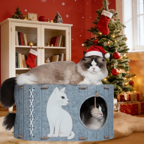 Katzenhaus Filz für Indoor Katzen – Katzenbett Höhle mit Sisal Ball & Wendbarem Kühl- und Wärmepad, Eingeschlossene Katzenhöhle für Große Katzen & Kätzchen, Gemütliches Mehrkatzenmöbel, Grau