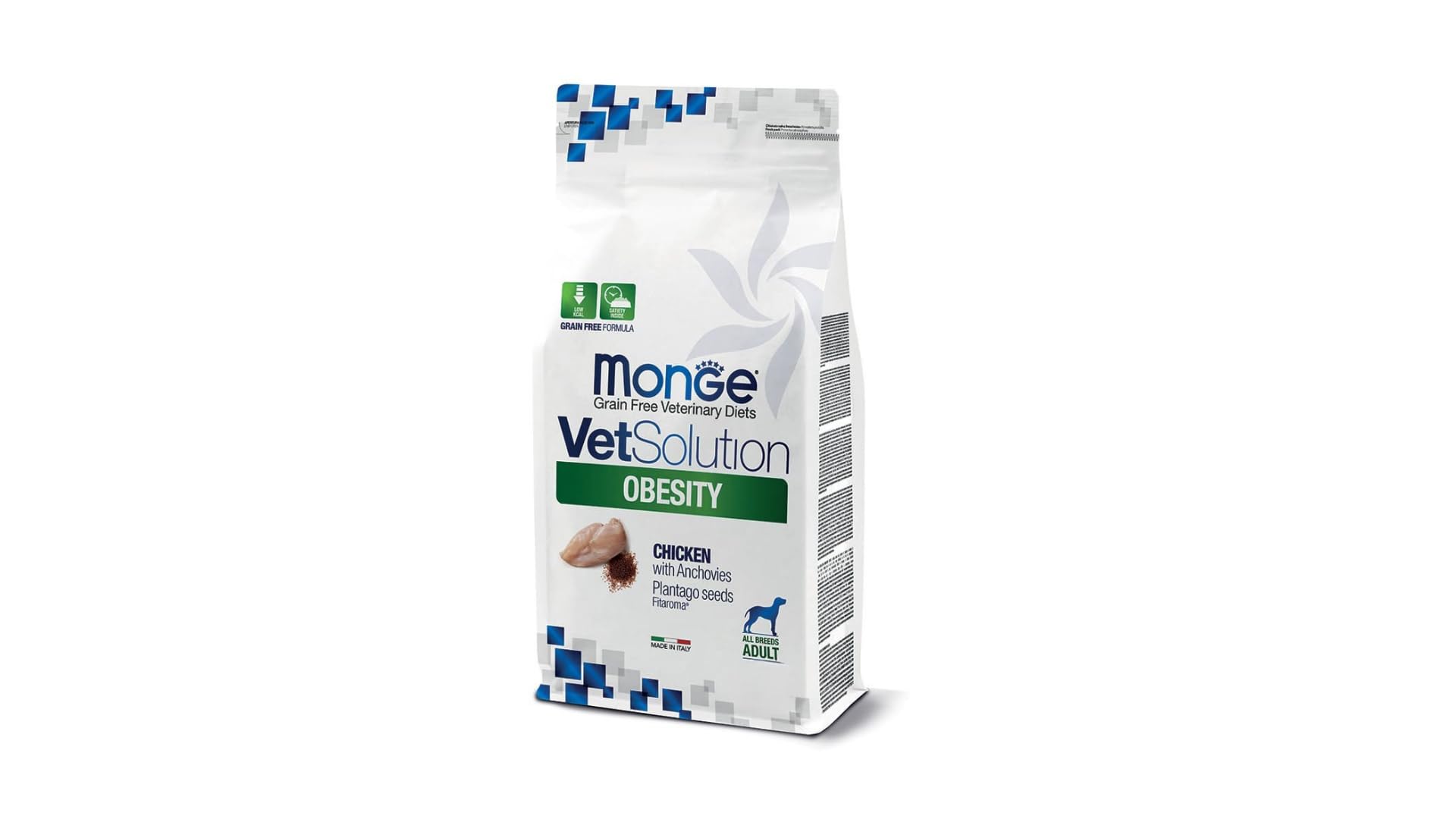MONGE Cane VetSolution Obesity Canine gusto Pollo con Acciughe | alimento secco completo e dietetico per cani formulato per la riduzione dell’eccesso di peso, Made in Italy, 1 confezione da 2kg.