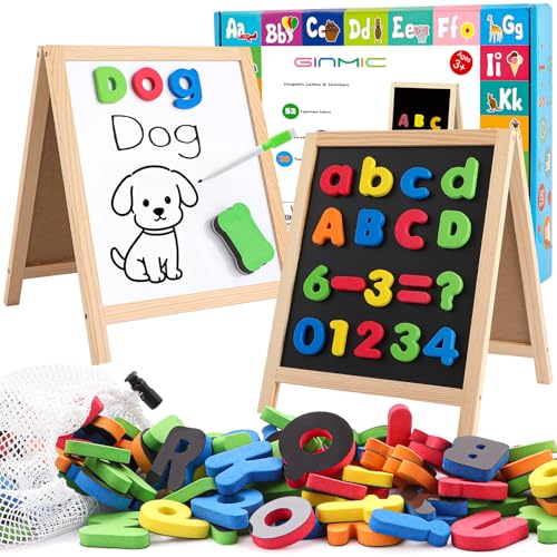 GINMIC Magnetic Letters and Numbers with Magnet Board Alphabet ABC Magnets Learning & Educational Toys - Uppercase Lowercase Math Symbols with Magnetic Whiteboard Chalkboard for Kids