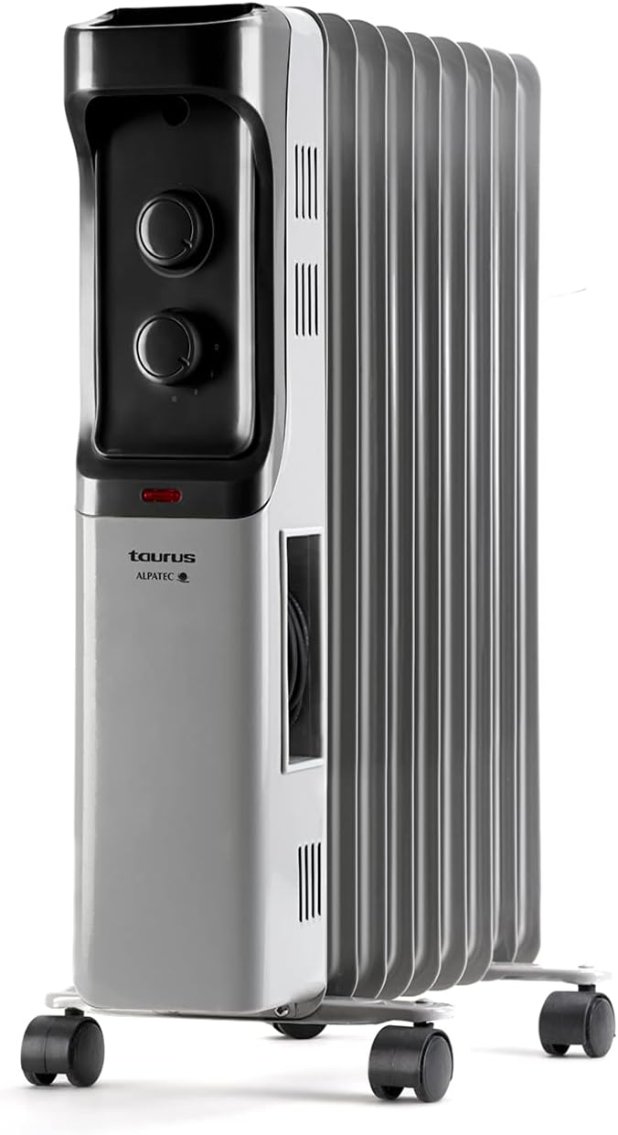 Taurus Dakar - Radiador de aceite de 9 elementos. 2000W. 3 niveles de potencia. Termostato ajustable. Protección sobrecalentamiento. Fácil transporte: asa y ruedas. Bajo consumo. Piloto luminoso.