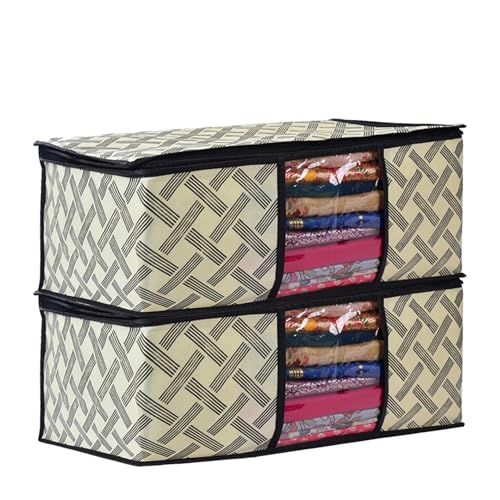 Image of Non-Woven Saree Covers with Zipper and Transparent Window - Clothes Storage Bag for Wardrobe Organization (Yellow Black, PACK OF 2)