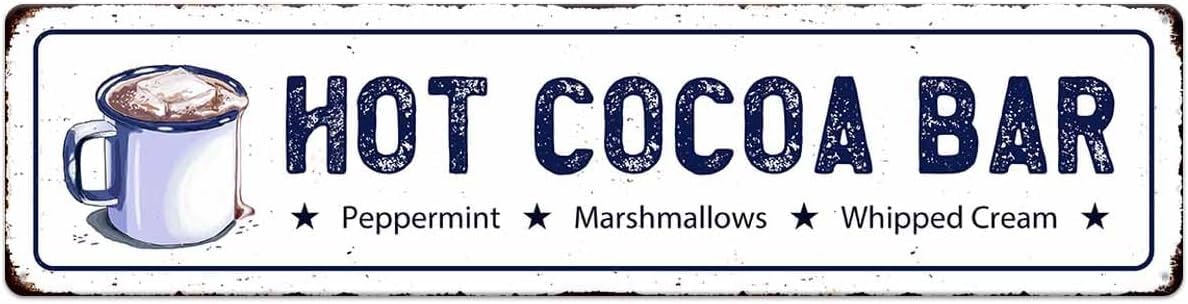 kisoyo Hot Cocoa Bar Metal Sign Peppermint Marshmallows Whipped Cream Christmas Vintage Hanging Plaque for Home Kitchen Yard Office Cafe Coffee Bar Front Door Wall Decor Novelty Gift 16x4 Inch