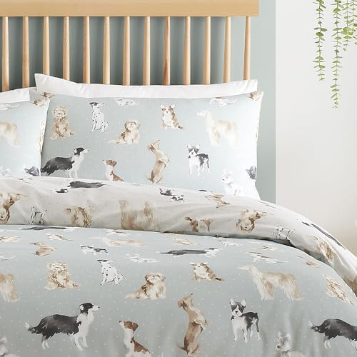 Fusion Hunde-Bettbezug, Einzelbettgröße (140 x 200 cm), wendbares Design (Beige und Enteneiblau), Pfotenabdruck-Bettbezug, Hunde-Aufdruck, Shih Tzu, Französischer Stier und Pudel