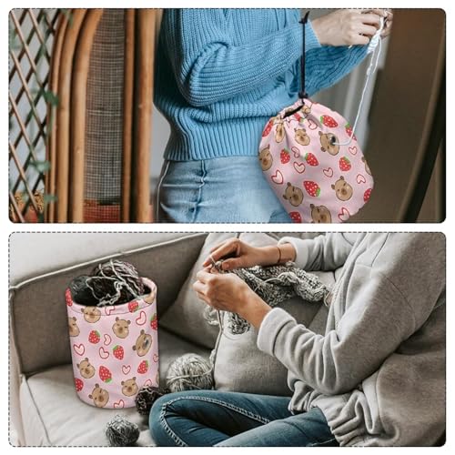 Image of Sellikakes Capybara Strawberry Yarn Bag Crochet Knitting Bag, Knitting Yarn Holder Crochet Storage Bag Store Crocheting Project Sewing Supplies Skein Ball Knitting Short Needles
