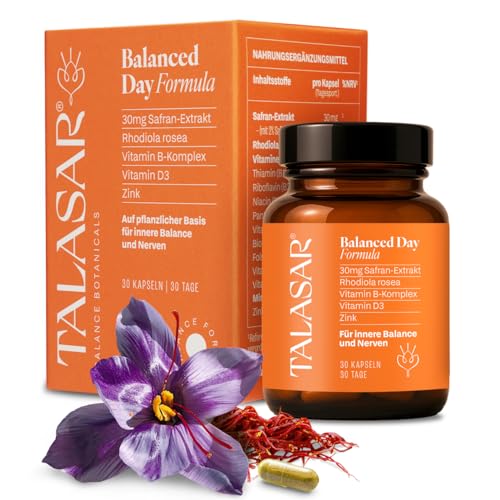TALASAR Safran Kapseln 30 Stück Plus-Formel mit Rhodiola rosea Vitamin B-Komplex Vitamin D3 & Zink Mit 30mg Safran-Extrakt für innere Unruhe vegan glutenfrei & laktosefrei