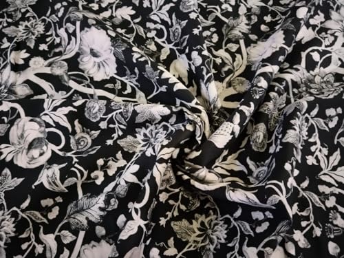 100% Linen Floral Digital Print Black and White Fabric 44