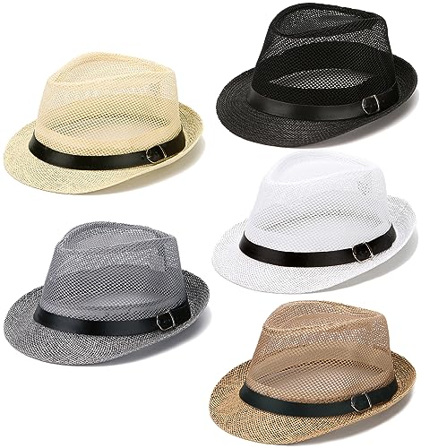 Gionforsy 5 Pack Mens Fedora Hat Classic 1920s Hat Short Brim Fedora Hats Summer Beach Panama Hat for Men Women (US, Alpha, Medium, 5pack-mesh Style Mixed Color)