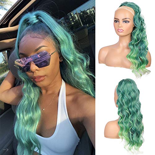 N NAYASA Drawstring Ponytail Extensions for Women Long Curly Wavy Ponytail Clip in Hairpiece Body Wavy Wrap Around Ponytail 24 Inch Green Color