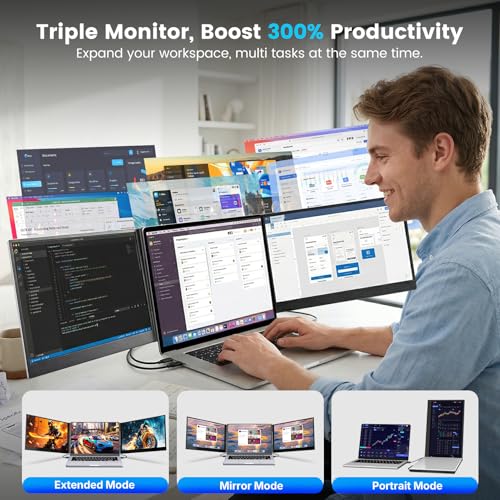 Image of Laptop Screen Extender, 15.6 inch Ultra-Slim Triple Portable Monitor for Laptop, Two Cable USB-C /HDMI Plug-Play, Travel Dual Monitor for 13-17.3 inch Laptops, MacOS /Windows /Android