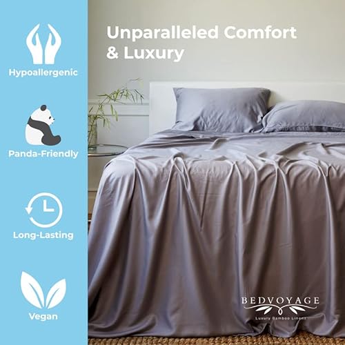Bedvoyage 100% Organically Grown Viscose Derived From Bamboo - Cooling Bedding Sheets & Pillowcases Set - 2 Pillowcases, 1 Fitted Sheet, 1 Flat Sheet, & Linen Bag - Soft Bed Sheets Platinum #TOP2