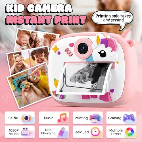 Image of PLUSPOINT Instant Print Cute Cartoon Camera for Kids, Dual Selfie Digital Camera with 1080P HD Videos Recoding, Instant Photo Printer Best Birthday Gift for Boys and Girls
