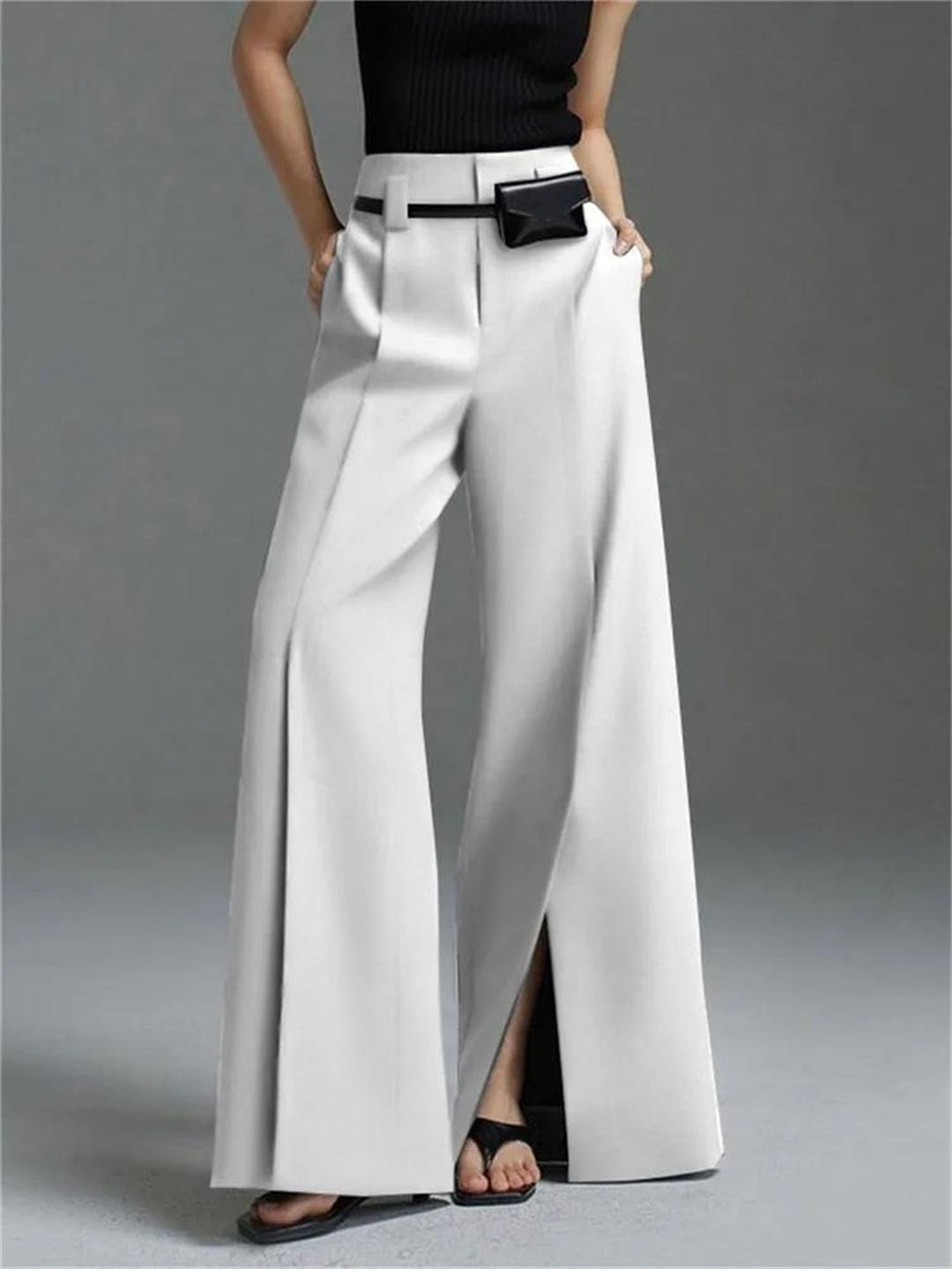 Women’S Business Suit Loose Straight High Waist Pleated Split-Front Urban Office Pants