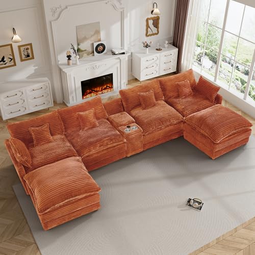 Image of 145 inch Oversized U Shaped Modular Sectional Sofa with Ottoman, Comfy Fluffy Soft Corduroy, Large Cloud Couch with USB Port, Cup Holder and Storage Central Console for Living Room, Orange