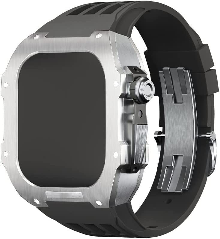 SCHIK Wytrzymała osłona ze stali nierdzewnej, gumowy pasek zastępczy, do zegarka Apple Watch 8, 7, 45 mm, 6, 5, 4, 44 mm, zestaw męski, metalowa ramka, pasek fluorowy, z zapięciem, akcesoria do