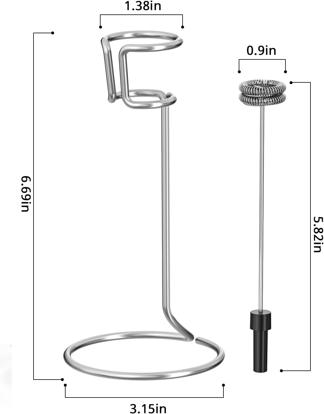 Diagram showing dimensions of the milk frother holder and whisk rod. Holder height is 6.69 inches, base diameter 3.15 inches, top opening 1.38 inches. Whisk rod length is 5.82 inches, whisk head diameter 0.9 inches.