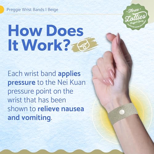 Image of Three Lollies Preggie Anti-Nausea Wristbands for Pregnancy, Acupressure Wristbands for Morning Sickness Support, Drug-Free for Travel & Motion Discomfort, Reusable, 1 Count, 2 Wristbands, Beige