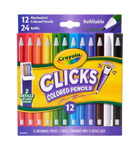 Crayola Clicks 2.0mm Mechanical Colored Pencil Set 12 Assorted Colors Coloring Pencils for Kids No Sharpen 24 Replacement Cores Ages 5+