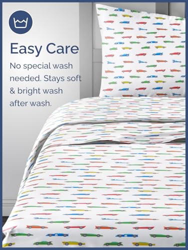 Image of Kids Queen Size Racecars Bed Sheets - 4 Piece Kids Racecars Sheet Set | Racecars Themed Bedding, Ultra-Soft, Cute & Cozy, Breathable & Machine Washable, Bed Set for Boys, Girls & Teens, Breathable