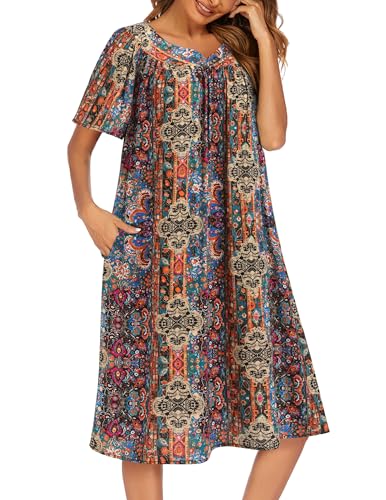 Image of Ekouaer Womens Nightgown Short Sleeve House Dress with Pockets-Floral Print Mumu Dress