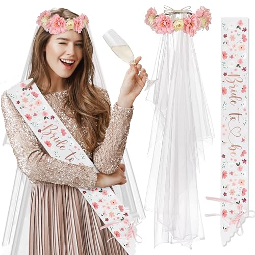 Decoraparty Kit Corona con Flores + Banda Bride to Be 76 cm – Accesorios para Fiesta Despedida de Soltera, Futura Novia, Boda, Fiesta Hen, Compromiso, Boda
