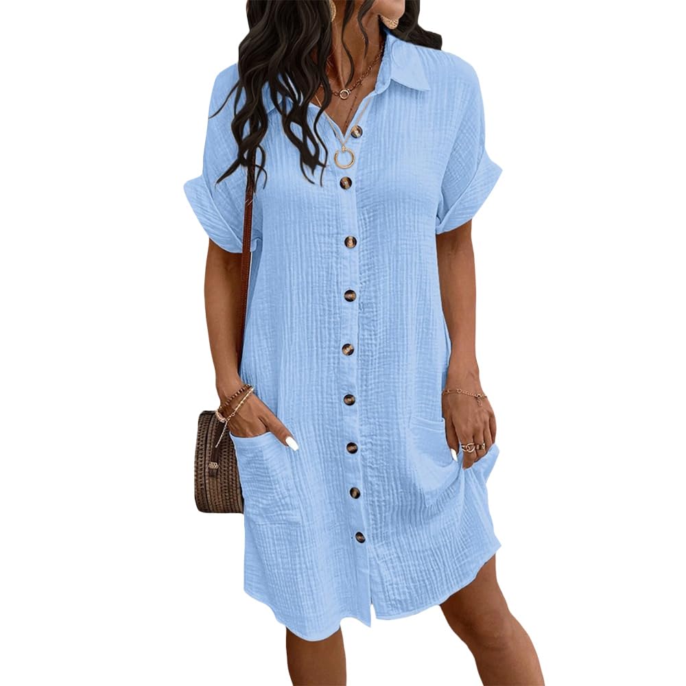 Womens Summer Casual Short Sleeve Shirt Dress Loose V Neck Button Down Beach Sundress with Pockets