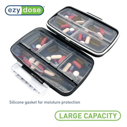 EZY DOSE Moisture-Proof Pill Case, Medicine Planner, Vitamin Organizer Box, Travel-Friendly, Latch-Closure to Secure Contents, 8 Individual Compartments of Multiple Sizes with Tight Seal, Large, Black