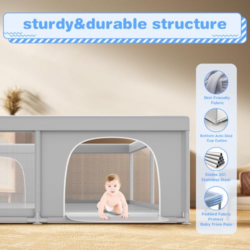 Image of XVISHX Baby Playpen, 79 x 79 Inch Play Pen, Playpen for Babies and Toddlers, Baby Playard for Indoor & Outdoor Active Center Game Fence, with Skin-Friendly Fabric and Soft Breathable Mesh Grey