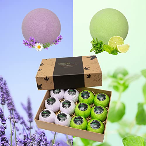Hemp Bath Bombs By Schone Body, 2 Relaxing Scents Of Refreshing Mint And Hemp Oil And Soothing Lavender And Hemp Oil. Made With Pure Essential Oil Vegan Set (Large 12 Pack, Bath Bombs), Green #TOP4