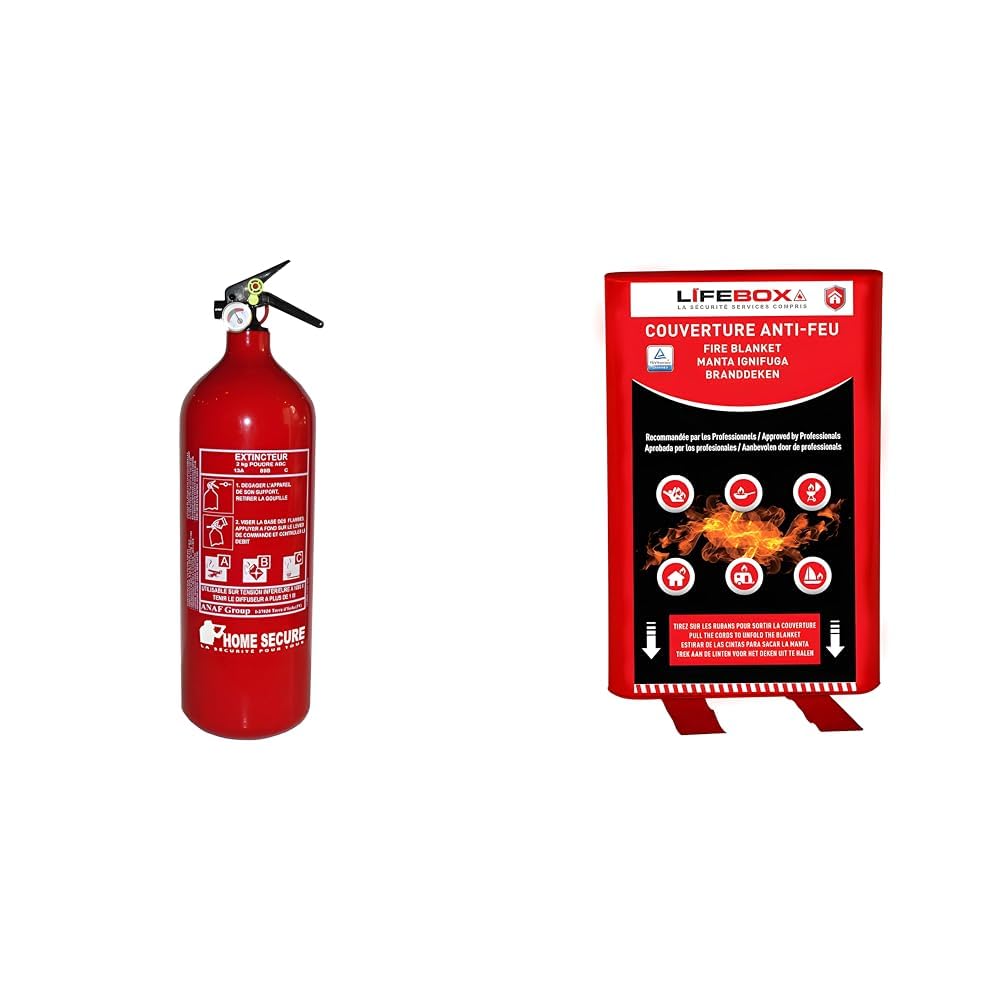 Extincteur à poudre 2kg Lifebox avec manomètre et couverture anti-feu pour sécuriser la maison