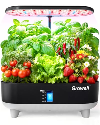 Growell Hydroponics Growing System Kit, 16 Pods, Vertical 8L Indoor Gardening System for Herb Vegetable Fruit, with LED Grow Light, Smart Water Circulation, 3 Light Modes & 2 Timer, Black