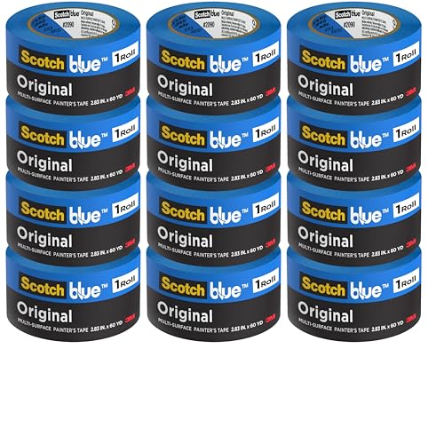 3M ScotchBlue 2090 Painter's Masking Tape, 2.83" x 60 yds, Blue, Pack of 12 Rolls, Medium Adhesion, Clean Removal up to 14 Days, Ideal for Multiple Surfaces