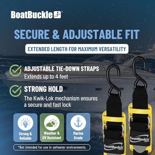 BoatBuckle Kwik-Lok Transom Tie Down Straps with Boat Pads, 2in x 4ft, 2-ct | Kwik-Lok Adjustable Transom Tie Down Straps, 1,200 lb Break Strength, Includes 2 Straps & Boat Pads, Fits Most Watercraft - Image 3