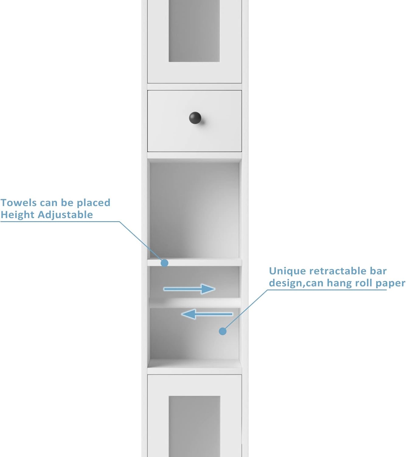 Maupvit Bathroom Storage Cabinet with 2 Frosted Glass Doors, Tall Narrow Storage Cabinet with Doors and Shelves Adjustable, Slim Bathroom Cabinet for Small Spaces, 8 Compartments (White)