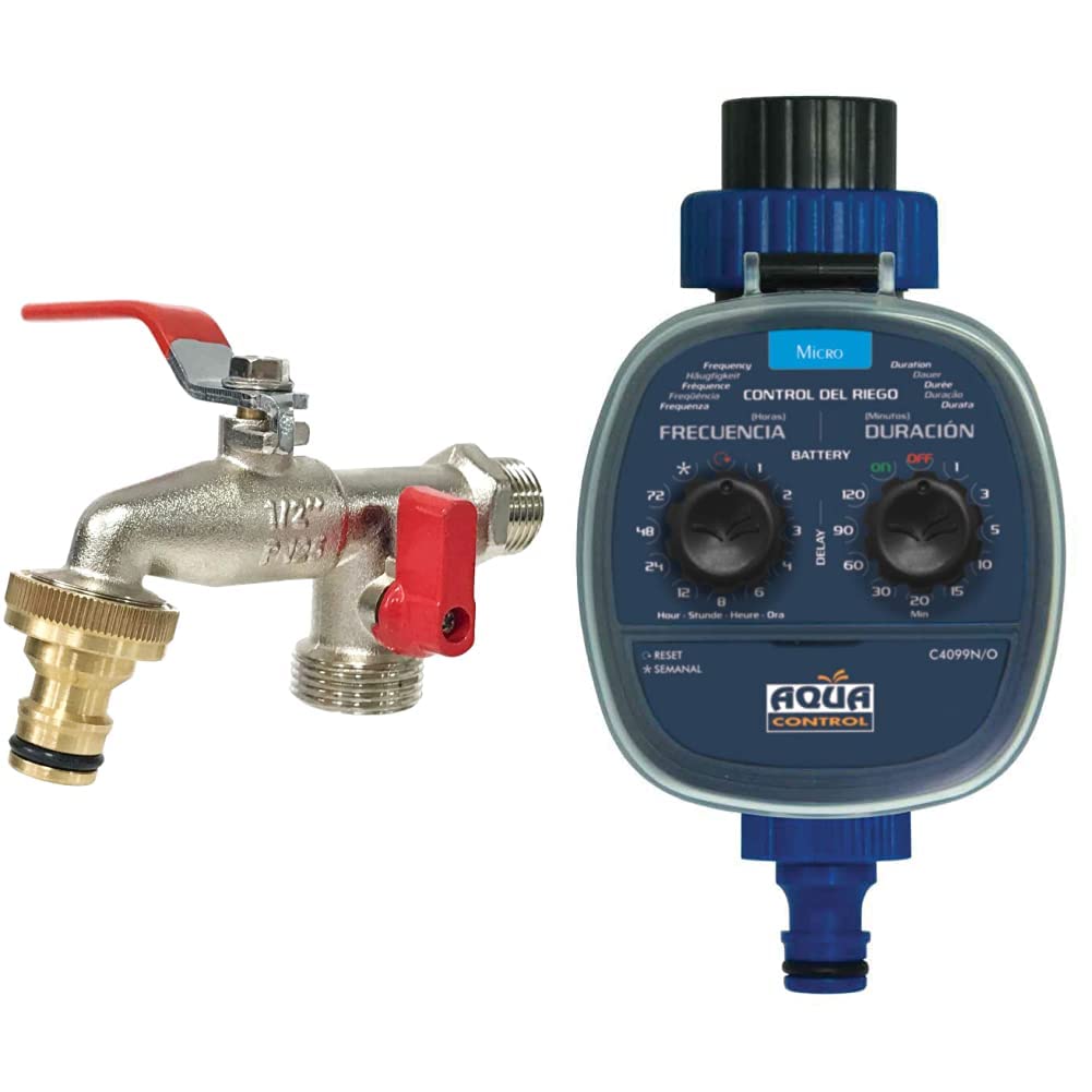 Aqua Control G6354 Premium Rubinetto da giardino a doppia uscita da 1/2 & quot & C4099O Programmatore d'irrigazione da giardino, per tutti i tipi di rubinetti, apertura a 0 bar. Vecchio C4099N