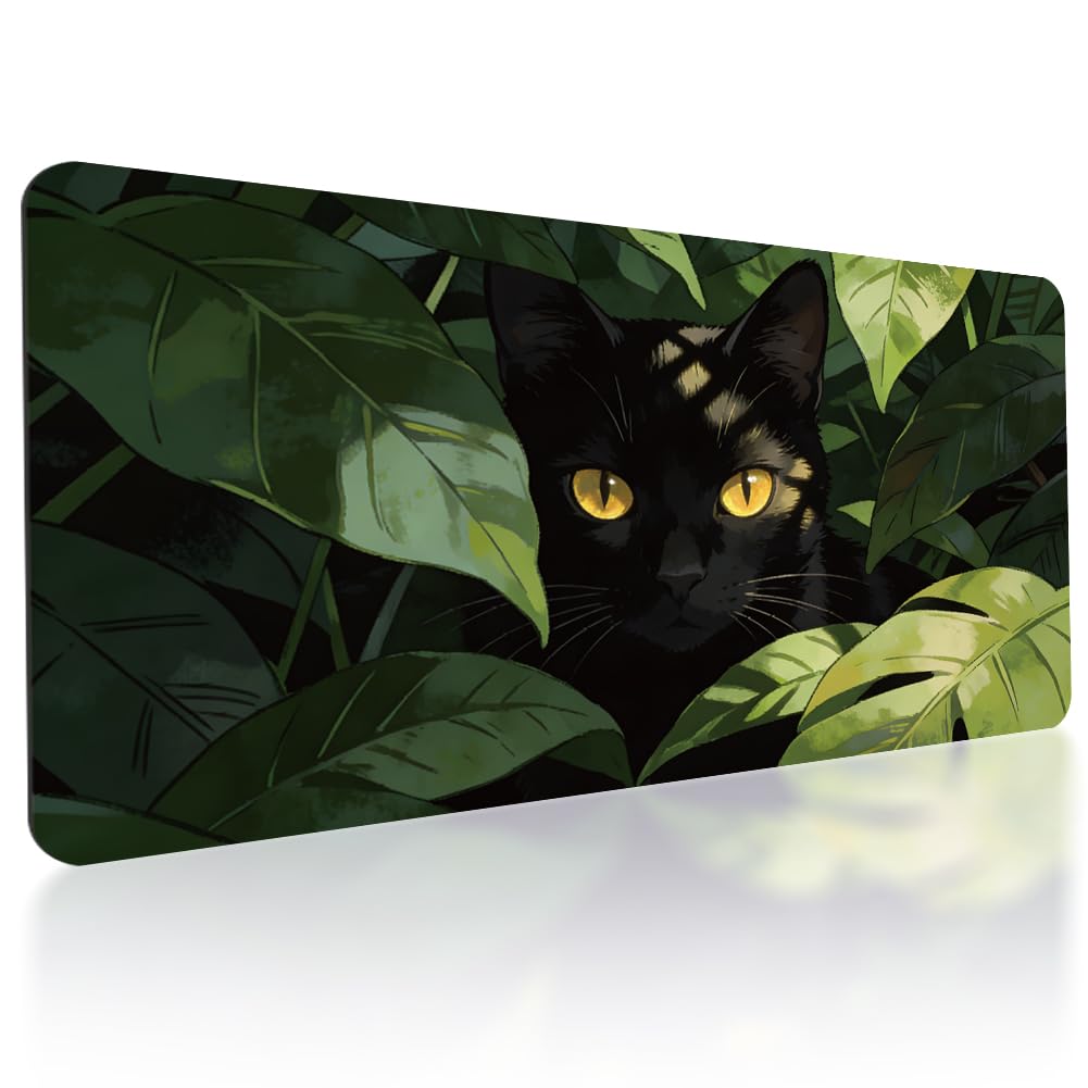TNKBREEZE Large Extended Gaming Mouse Pad Cute Non-Slip Rubber Base Desk Pad with Stitched Edges Keyboard Mat Office Decor for Computer Laptop and Home 80x40cm(Black Cats)