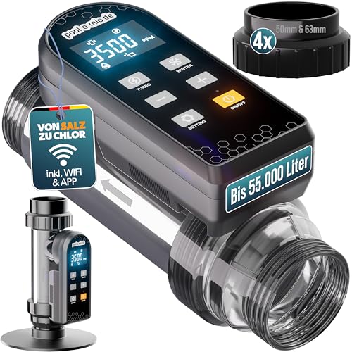 poolomio® Chlorinator Pool bis 55.000L | Salzelektrolysegerät 15g/h mit Smarter App-Steuerung & Titanzelle | Salzanlage Pool zur chemiefreien Wasserpflege | Pool Salzwassersystem mit Dosierautomatik