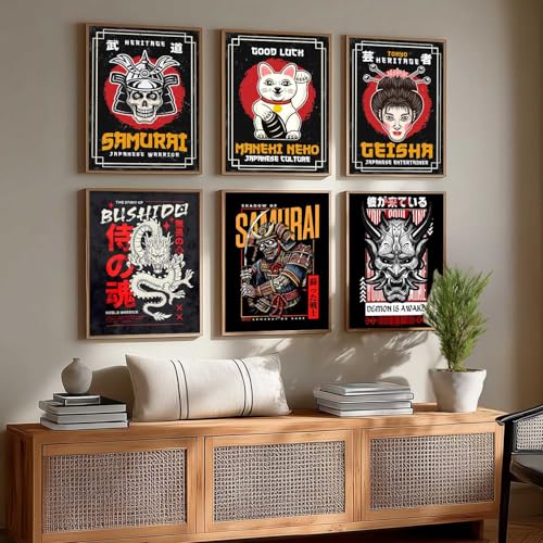 Image of HOTHOUSE Japanese Samurai Art Wall Framed Posters | Aesthetic Japanese Theme Framed Poster for Living Room Bedroom Gaming Room Studio Wall Decor Set Of 6 (13X17 inch)