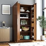 JOYSOURCE 22 in Deep Kitchen Pantry Storage Cabinet with Doors and Shelves Tall Large Cupboard for Food Wood Grain