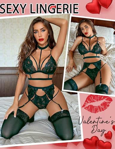 Image of Avidlove Lace Garter Lingerie Set with Removable Choker Teddy Babydoll Strappy Bra and Panty Set (No Stockings)