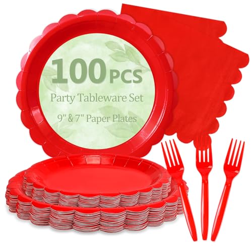 Image of Mulbozy 100 Pcs Cute Red Paper Plates and Napkins Disposable Set for Party