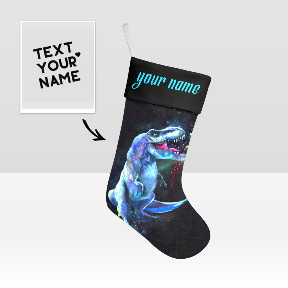 XIUCOO Custom Christmas Stockings with Name Personalized Xmas Festive Gift Decor 17.52 x 7.87 Inch Dinosaur Rex Rainbow