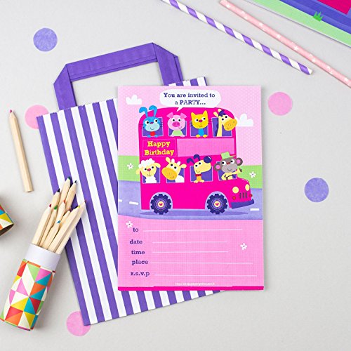 20 invitaciones para fiesta de cumpleaños infantil con un autobús de animales de color rosa