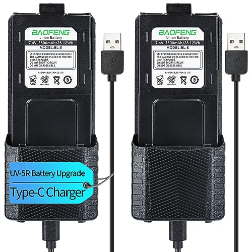 BAOFENG UV-5R Battery 3800mAh USB-C Charging Extended High Capacity Ham Radio Battery UV5R BF-F8HP UV-5R Series Radios with Type-C Charging Cable 2Pack