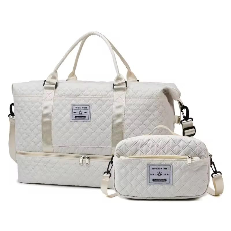 21" Weekender Travel Bag, Travel Duffle Bag with Shoe Compartment Carry on Overnight Duffel Bag for Weekend Travel Business Trip. (Peach) (Cream)-image-15