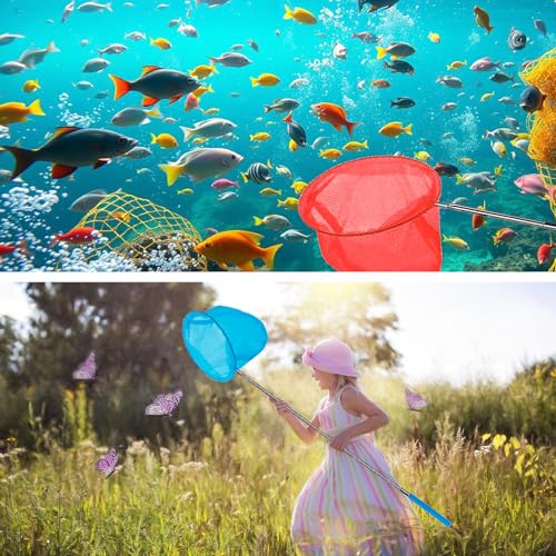 2 Stück Kescher Kinder, Teleskop Schmetterlingsnetz mit 1 Faltbarer Eimer, Teichnetz, Strand, Fangnetz, Insekten Netz, Outdoor Ideal zum Fangen von Insekten Bugs Fische Angeln Teich Pool Garten