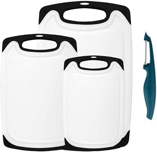 UNIK Chopping Board Set with Non-Slip Feet with Extra Peeler , BPA Free Plastic Kitchen Cutting Boards with Specially desgined Deep Drip Juice Groove (Black&White)